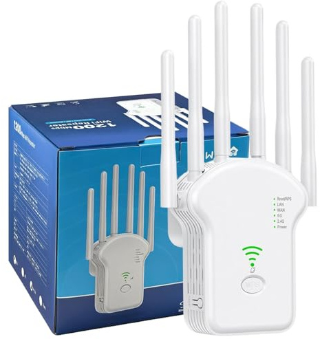 Ripetitore WiFi Potente,Ripetitore Wireless Wifi Extender e Access Point Amplificatore Wifi Extender 1200Mbps (2.4GHz/5GHz) con Porta LAN, 6 Antenne Esterni Copertura Completa a 360°