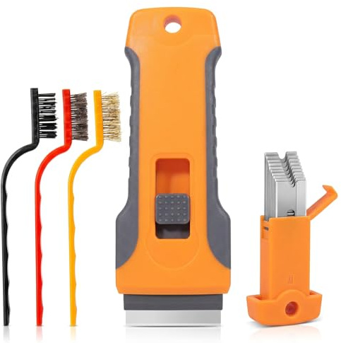 Xzhouhe Racloir pour Vitrocéramique avec 10 Lames de Rechange & Lot de 3 Brosses Métalliques, Grattoir pour Plaque de Cuisson, Four, Porte de Four, Pare-Brise et Résidus de Colle