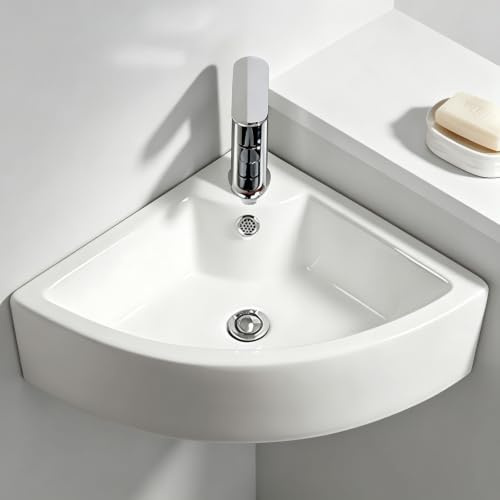 Lavabo D'Angle Pour Salle De Bain En Céramique Blanc, Lavabo Salle De Bain Mural, Lave Main WC Angle, Lavabo Mural Suspendu Pour WC Invités