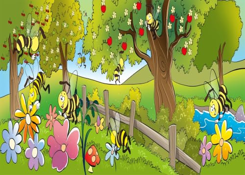 CORFOTO Tessuto 1,5x1m (5x3FT) Sfondo Giardino delle Api Cartone Animato Melo Fiori per Compleanno Baby Shower Bambini