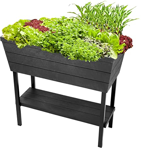 Keter Urban Bloomer Hochbeet und Kräutergarten-Pflanzgefäß für den Außenbereich, mit selbstbewässerndem Messgerät und Ablaufstopfen, Dunkelgrau