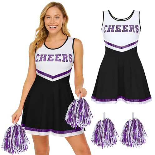 REDSTAR FANCY DRESS Cheerleaderkostüm Damen mit Cheerleader Pompoms – Cheerleader Kostüm Damen – Kostüm Damen als High School Cheerleader – Halloween Kostüm Damen