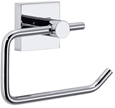 tesa EKKRO Toilettenpapierhalter, verchromt - WC-Rollenhalter zur Wandbefestigung ohne Bohren, inkl. Klebelösung - 53 mm x 140 mm x 99 mm