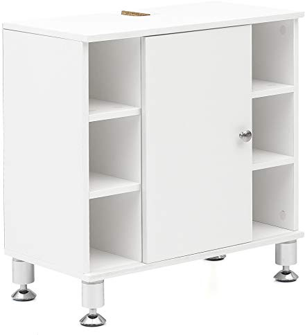 FineBuy Waschbeckenunterschrank 60x32x64 cm Weiß, Tür und 6 Fächer | Badunterschrank stehend mit Siphonausschnitt, Badschrank mit Einlegeböden, Waschtisch Stauraum