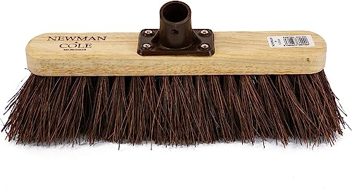 Newman and Cole 12 Wooden Broom Head with Stiff Bassine Natural Hard Bristle - Replacement Wooden Broom Head for Outdoor Garden Yard Brush Sweeping - Wood Brush Head Fitted Fixing Bracket Connector