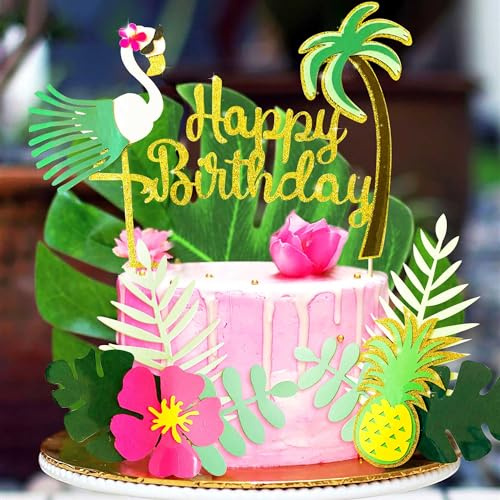 JeVenis Set of 3 Glitter Flamingo Happy Birthday Cake Toppers | Pineapple Cake Decoration for Tropical Hawaiian Luau Themed Party Supplies
