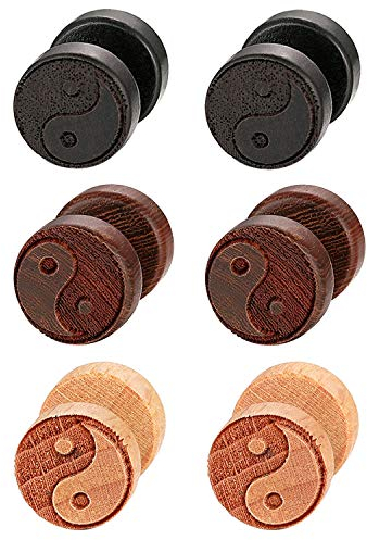 Flongo Holz Ohrstecker für Männer und Frauen - 6 Stück Knopf Ohrringe, Gestüt Stecker, Tai Chi Yin und Yang Fake Plug Tunnel Piercing Ohrschmuck