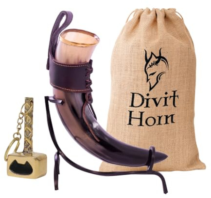 Divit Horn Corno per bere autentico vichingo con supporto in ferro | Corno per bere birra autentico medievale | Decorazioni in ottone e sacchetto regalo in tela di iuta | Fondina da cintura in pelle