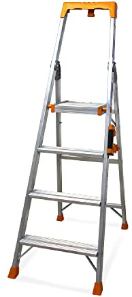 K•LUTECH - Klappleiter, Stehleiter, Stufe, aus Aluminium, Profi-Qualität, Komfort-Tragegriff, Werkzeughalter aus ABS (4 Stufen)