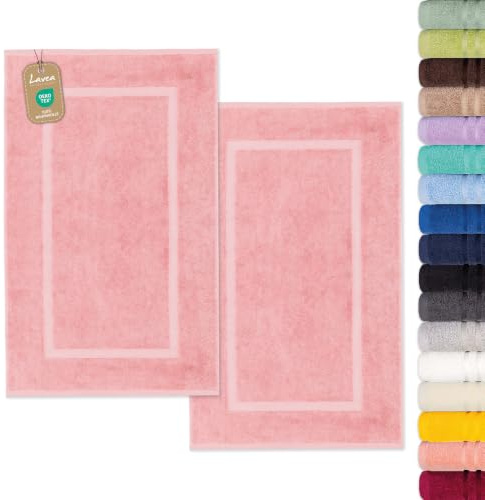 Lavea® 2er Set Badematte 50x80 cm – Pastellrosa | Badezimmerteppich 100% Baumwolle, 800 g/m², saugstark, waschbarer Badteppich, Badvorleger – Frottierserie Elena