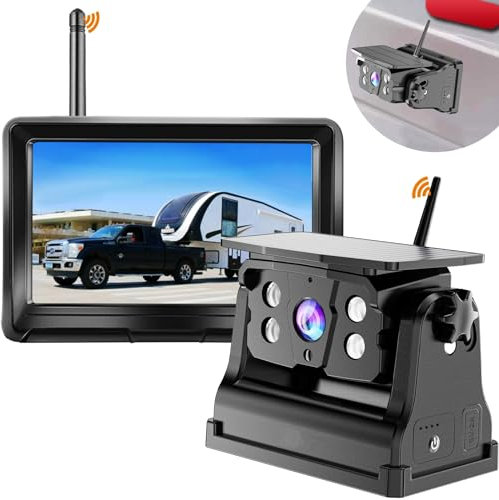 Wireless Backup Camera Solar Magnetic for RV Car Trailer Truck Camper 5th Wheels Hitch Towing No Wiring No Drilling Rechargeable Night Vision Portable Backup Camera with 5 1080P HD 2-Split Monitor