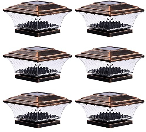 HUYIENO Solar Post Cap Lights Outdoor LED Lighting Deck Fence With Two Light Modes Warm White/Bright White Suitable for 4x4 Wooden Posts Brushed Copper 6PK