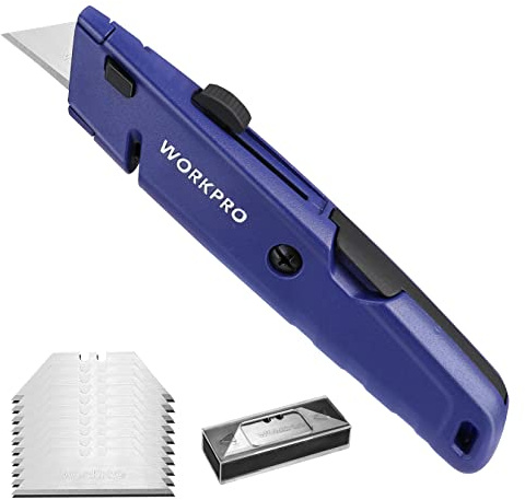 WORKPRO Cutter Universel avec Mécanisme de Changement Rapide, Cutter Professionnel avec 4 Positions Réglables et 14 Lames de Rechange en SK5 (Bleu)