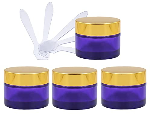 ZEOABSY 4 Pack 50ml Purple Glass Cosmetic Jars, Empty Face Cream Storage Containers Pots with Gold Lid & Inner Liners for Creams, Lotion, Make-Up Storage, Lotion Ointment + 4X Spatula.