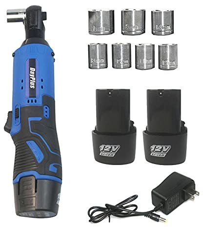 Juego de llaves de carraca eléctrica de 12 V, incluye 2 baterías de litio de 1500 mAh y 7 enchufes, con LED incorporado, función de avance y retroceso – 3/8 pulgadas