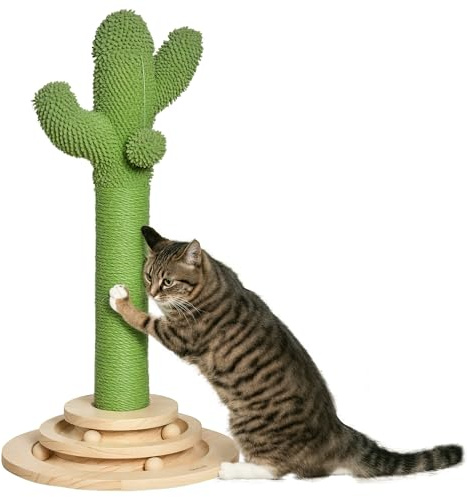 PawHut Albero Tiragraffi per Gatti Adulti e Gattini 32x32x60cm Verde | Forma di Cactus, Corda Sisal e Base con Palline in Legno