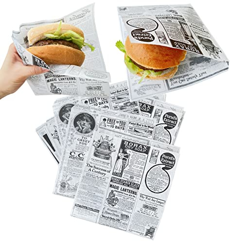 Tocnvoe - 200 Stück Hamburger Papiertüte, 19X17 cm, Zeitungsmuster, Fettdichtes Lebensmittelpapier, Langlebig, Feuchtigkeits und Fettbeständig, Papiertüte für Sandwiches, Burger, Snacks