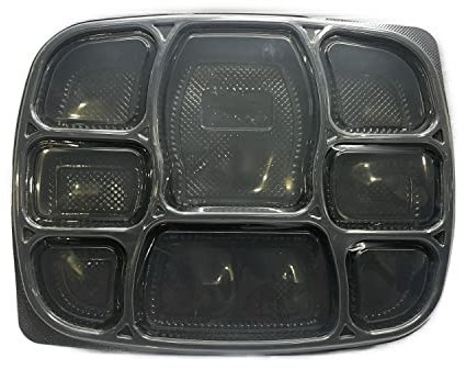 Gurukrupa Lot de 25 plateaux repas avec couvercle - 8 compartiments - Sans BPA - Qualité alimentaire - Incassables - Passe au micro-ondes - Pour dîner, déjeuner, fête, événements - Noir