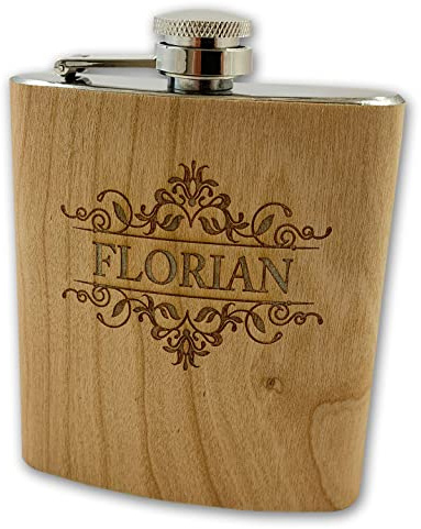 Holz Flachmann mit Name und Schnörkel graviert | Geschenkidee Vatertag Männertag | Gravur personalisiertes Geschenk Geburtstag Weihnachten Opa Papa