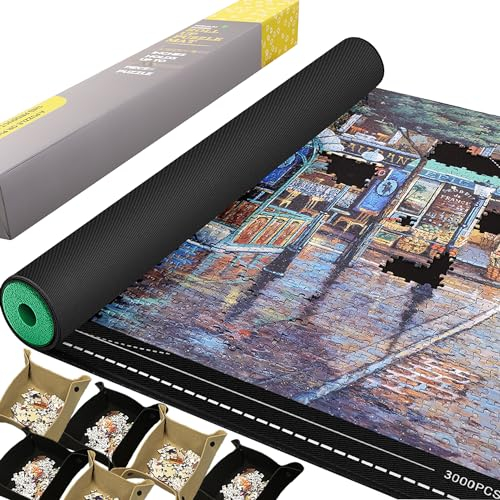 Lwoeo Jigsaw Puzzle Mat Roll Up, No Creases 125.0 cm x 88.9 cm Rubber Saver Pad Up to 3000 Pieces Black Large Puzzel Matte Rollup with 6 Sorting Trays & 1 Storage Bag Ideal for Holiday and Birthday