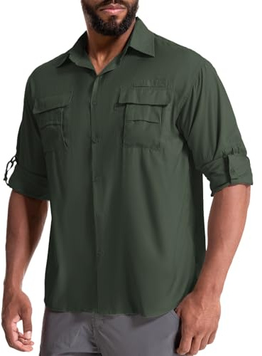 yeyity Camicia da uomo a maniche lunghe, safari, UPF50, protezione UV, traspirante, con bottoni, per il tempo libero, per escursioni, pesca, trekking, verde militare, XXL