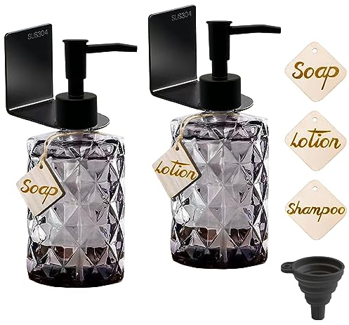 2er Glas Seifenspender Wandbefestigung,Vintage Seifenspender Schwarz mit Hölzerne Etiketten,330ml Handseifenspender Spülmittelspender Seifenspender für Bad Küche