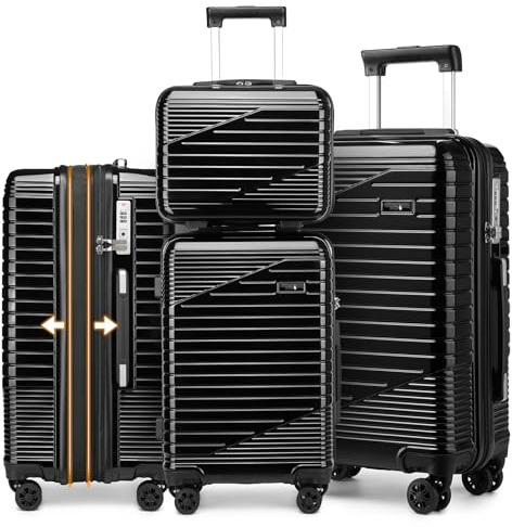 Sea choice 3 Teiliges Kofferset mit 8 Rädern, Polycarbonat-Hartschalen Spinner Trolley Koffer mit TSA Zulassung, 4 Teiliges Set (S/M/L/XL) für Reisen, Schwarz