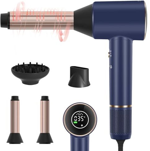 PARWIN PRO BEAUTY Air-Sonic Föhn, HD-LED Anzeige Fön, Haartrockner mit 110,000RPM Bürstenlosem Geräuscharm Motor, 2x 32mm Auto Wrap-Curler, 25M/S Luftstrom für Schnelle Trocknung （Preußischblau）