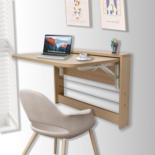 SKVSKV Folding Wall Table, Fold Down Table Wall Mounted, Floating Desk for Wall, Functional Hanging Desk for Home Office Workstation, Laundry Room, Kitchen Dining (24.8 * 16.3inch, Wood Color)