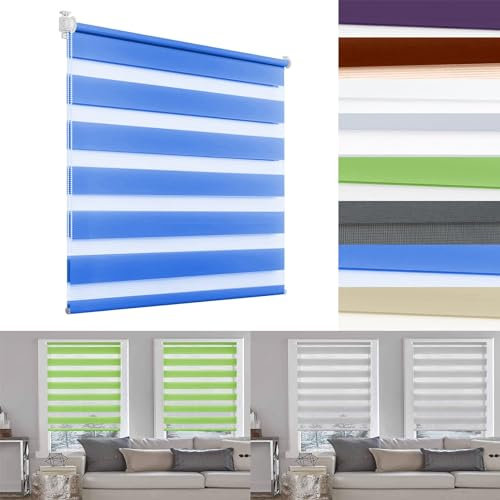 Doppelrollo Klemmfix ohne Bohren 40 x 110 cm Sonnenschutz Blickdicht Lichtundurchlässig Thermorollo Bequeme Montage für Fenster & Türen, Blau