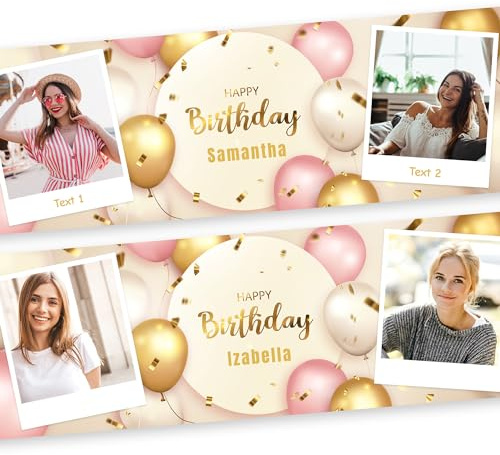 Geburtstagsbanner Personalisiert mit 2 Fotos Text | Happy Birthday Girlande XL Größen | Geburtstagsdekoration für Kinder Erwachsene | PVC Wetterbeständig | Metallösen Montage | PRINT.GG