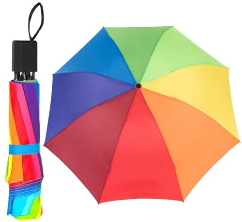 Qinsky Mini Taschenschirm Rainbow, Regenbogen Leicht Regenschirm Taschenschirm Rippen Windsicherer Sturm Schirm für Herren und Damen