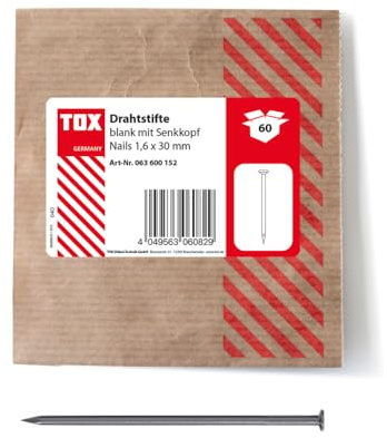 TOX Clavos de alambre 1,6x30 mm con cabeza avellanada para conexiones de madera simples y superficies planas, acero desnudo, 60 unidades en un empaque de papel reciclable, 063600152