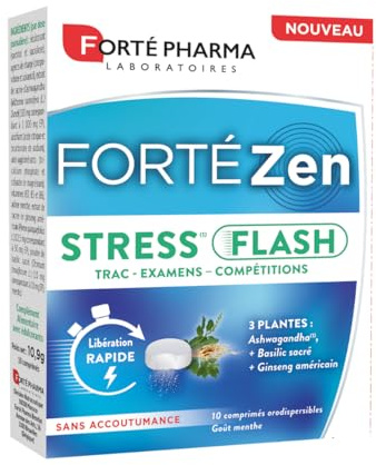 Forté Pharma Complément détente FortéZen Stress Flash 10 comprimés | Libération rapide sous la langue, Trac, examens, Vitamine B6, ashwagandha, ginseng américain, 10 jours