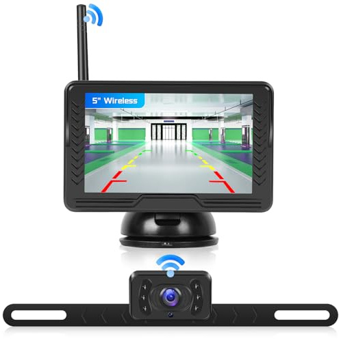 Rimoody Kabellos Rückfahrkamera Set, Nummernschild Rückfahrkamera mit HD 5 Zoll IPS Monitor & IP69 wasserdichte Nachtsicht Weitwinkel Backup Kamera mit Rückwärtshilfe, für Van, PKW, LKW, Wohnwagen