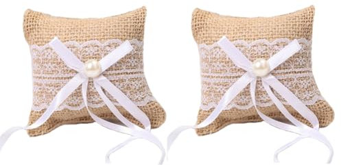 Upstore 2 cuscini rustici per fedi nuziali, vintage, in iuta e pizzo, per fede nuziale, piccolo cuscino per festa di nozze, 10 x 8 cm