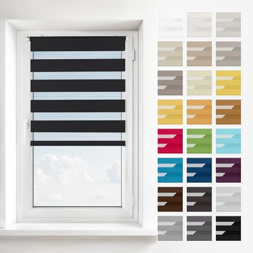 Estika Doppelrollo ohne Bohren – 2-in-1 Montage (Klemmfix, Wand oder Decke) – Schwarz – 135 × 150 cm – Rollo für Fenster innen