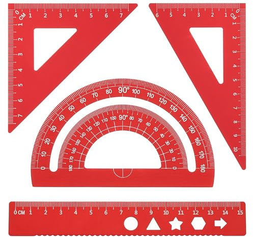 PATIKIL Set di Squadra Triangolare, Righello Metrico da 15cm in Alluminio, Squadra Triangolare 45°60° e Goniometro, 4Pz, Rosso