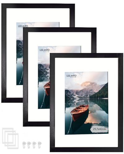 LEEJARD 3er Bilderrahmen DIN A3, Schwarz Fotorahmen Holzrahmen Mit Bruchsicherem Plexi-Glas Zum Senkrechten Oder Waagerechten, Portraitrahmen Mit Nahtloser Haken für Wandbehänge