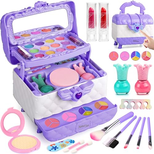 FunMission Kids Makeup Set for Girl, Real Washable Cosmetic Children's Toy Makeup Box Set with Mirror, Gentle & Skin-Friendly Princess Dress Up Kit, 40 Pcs, Present for Ages 3+ (Purple)
