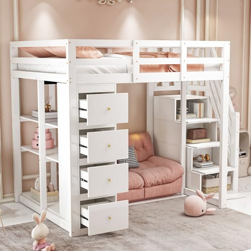Arhatreya Hochbett 140x200 cm, Kinderbett mit Regalen, Jugendbett mit Schubladen, Massivholzbett mit Sicherheits-Kletterleiter, Holzbett für Kinder Jugendliche (Ohne Matratze) Weiß