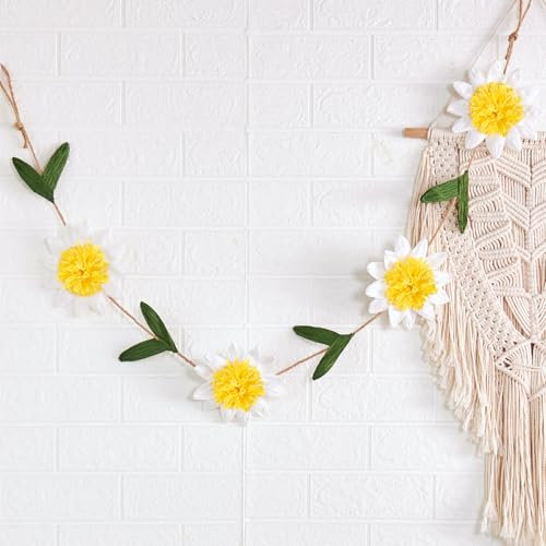 Gänseblümchen Deko Papier Blumengirlande mit grünen Blättern, 2m Boho-Gänseblümchen-Banner Frühlingsgirlande zum Aufhängen Künstliche Gänseblümchen Girlande für Hochzeit Garten Wand Dekor