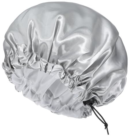 Bonnet de bain en satin double couche pour homme, imperméable, cordon de serrage réglable, bonnet de bain réutilisable pour cheveux bouclés, argenté