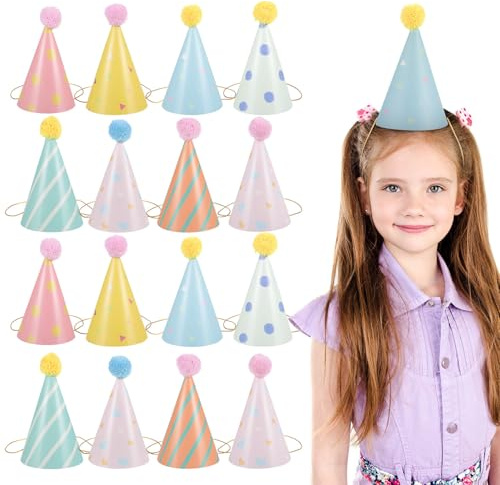 TOYANDONA 16St Geburtstagshut Partytütenhüte für Geburtstage Partyhüte Erwachsener Hut flauschige Mütze gefüllter Hut Kinderhut Kostümzubehör für Geburtstagsfeiern Partyhüte aus Papier