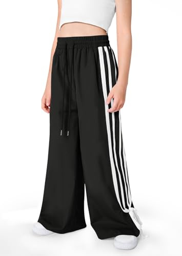Little Girls Side Striped Bowknot Fashion Baggy Cargo Track Pants Y2K Hip Hop Dance Cute Streetwear Wide Leg Sweatpants Black 5-6Y