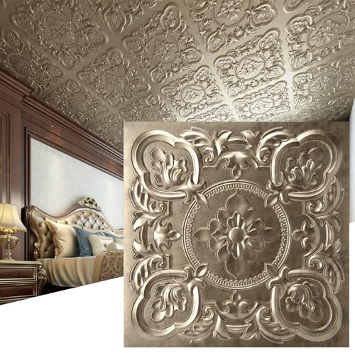Art3dwallpanels Drop Ceiling Tiles, 24 x 24 Inch, 12 Pack, Antique Gold | 3D Vintage Carved, PVC Ceiling Panels, Fireproof Waterproof Light Tiles, Drop In Ceiling Decoration for Livingroom, Bedroom