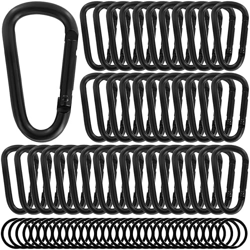 2.36 Inch Heavy Duty Aluminum D Carabiner Clips & Key Rings, 50 Pcs Black Corrosion Resistant Keychain for Keys, Outdoor Sports, Hiking, Camping, Fishing & Hanging Gear