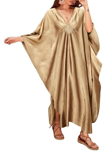 Bsubseach Women Casual Kaftan Dresses Batwing Sleeve Plus Size Swimsuit Cover Up Caftan Beach Vacation Dress Champagne