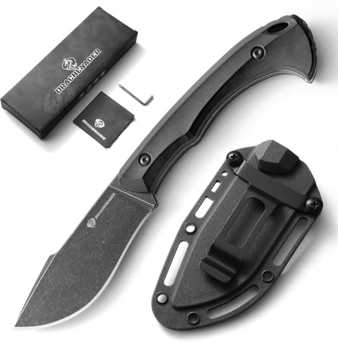DRACHENADER Jagdmesser Feststehende Klinge, Gürtelmesser mit 8,8 cm Klingenlänge aus 5Cr13MoV-Stahl, Outdoor Messer mit ABS Scheide und Gürtelclip, Blackwash Finish Klinge - Schwarzer Griff