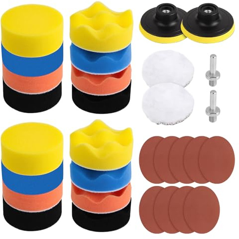 31PCS 3 Inch Polishing Pads for Drill, Buffing Pads for drill and Buffers for Drill Attachment Car Polishing Sponges Pads Sandpaper, Car Headlight Restoration Kit for Auto, Wood and Metal